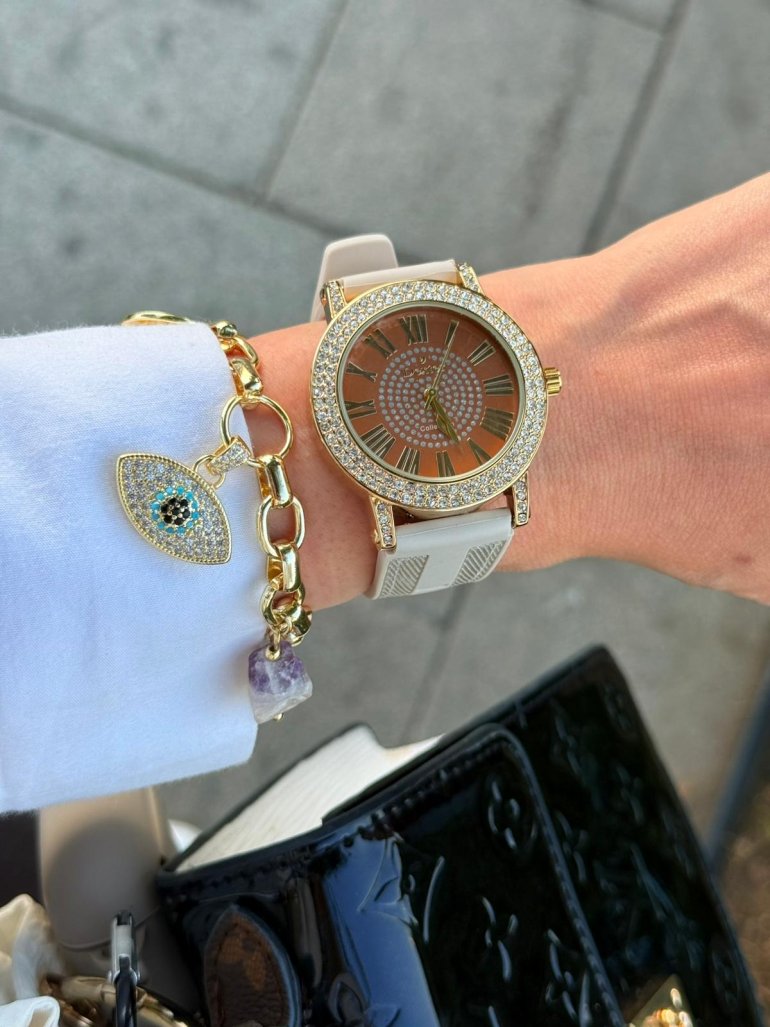 BEJ GOLD KAHVE TAŞLI SAAT