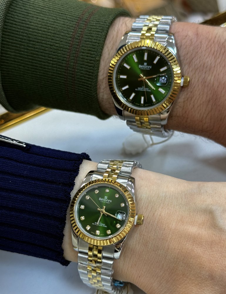 BELONNİ EŞLİ YEŞİL ÇELİK 2Lİ SAAT