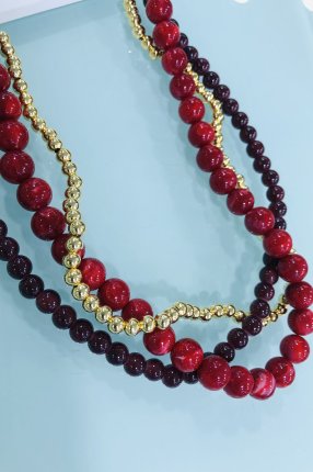 3 sıralı bordo Detaylı kolye