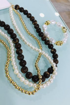 3 sıralı incili kahve Detaylı ve bileklik set