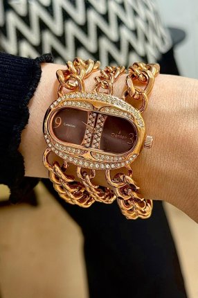 ÜÇ ZİNCİRLİ ÇELİK ROSE KAHVE SAAT